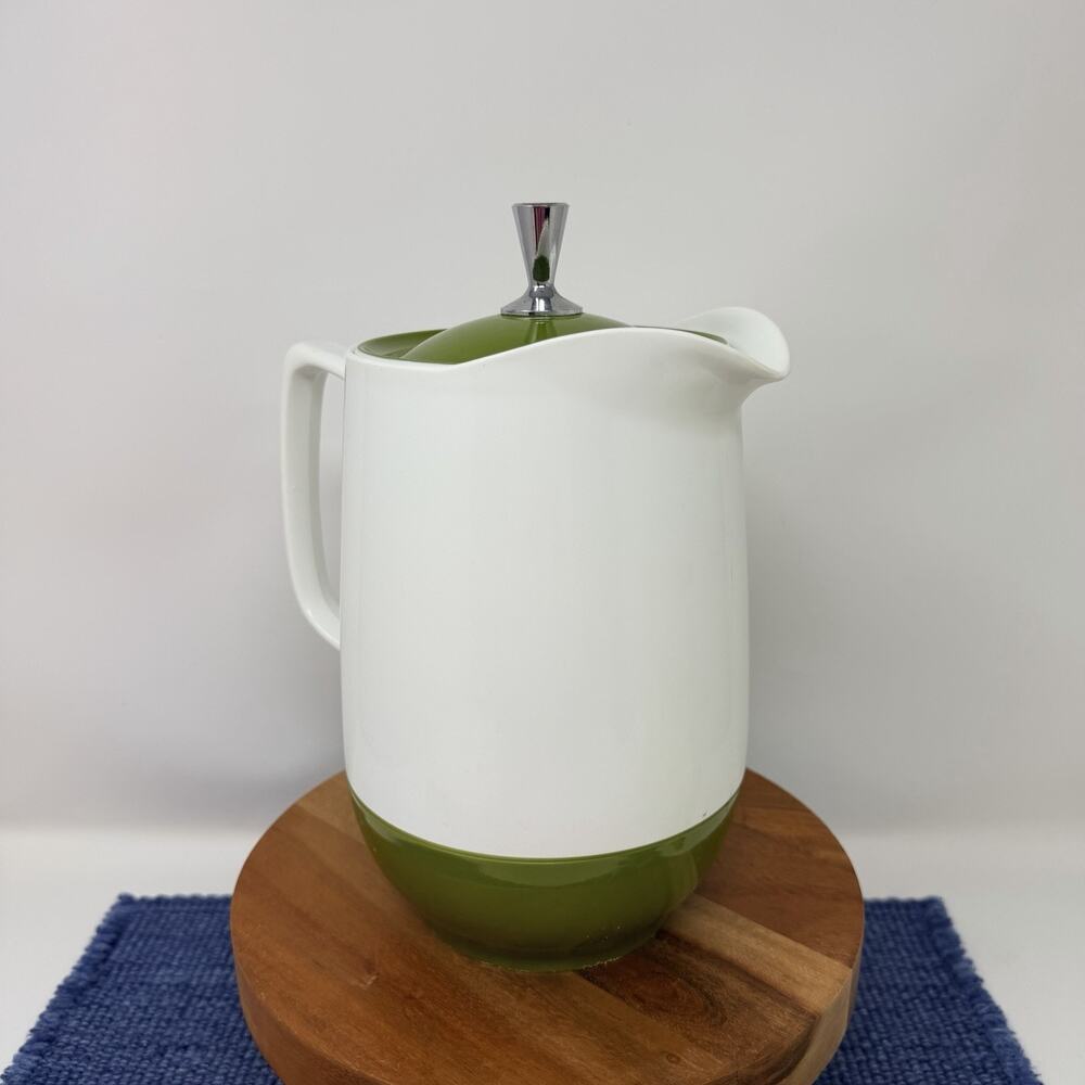 Vintage Avocado Green White Thermos Pitcher MCM
